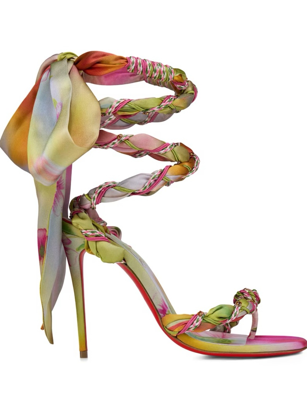 EXCLUSIVE Christian Louboutin Vaporetto Multicolor Satin Braided Wrap Heels - Picture 4 of 5